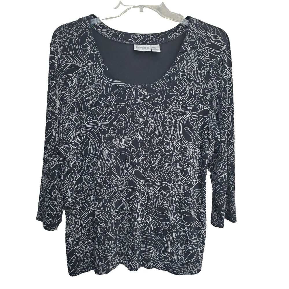 Chico's Travelers Slinky Knit Paisley Sketch Print Scoop Neck Top Size 3 (XL)